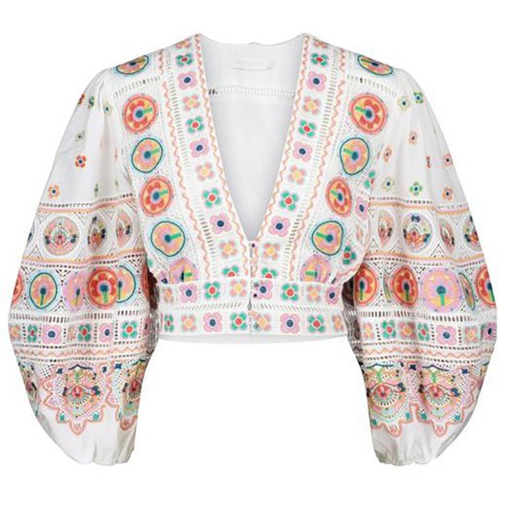 Zimmermann White Embroidered V-Neck Crop Top with Multicolor Floral Motifs